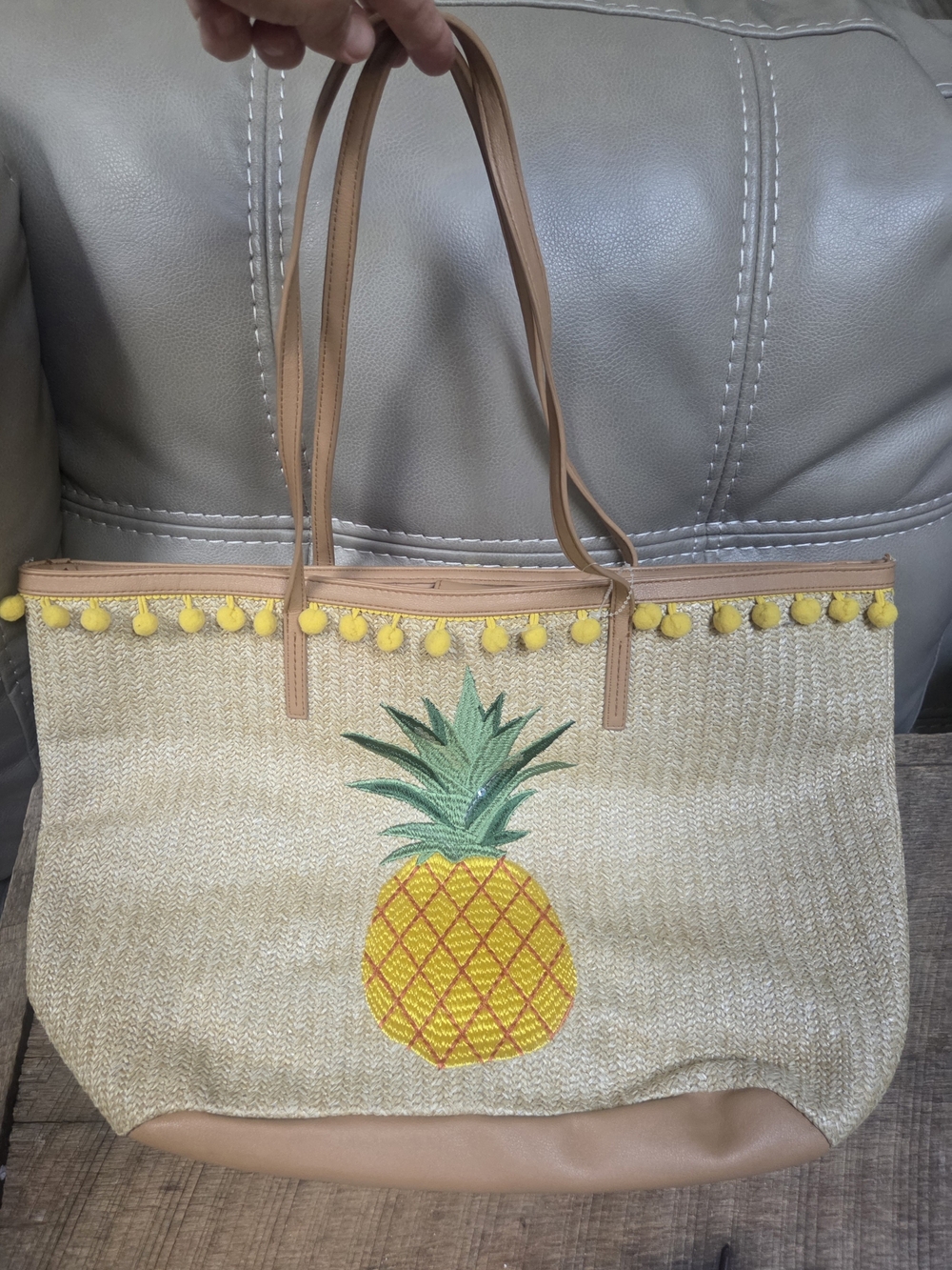Tropical Pineapple Straw Tote in Yellow and Tan ~ Bin 1J